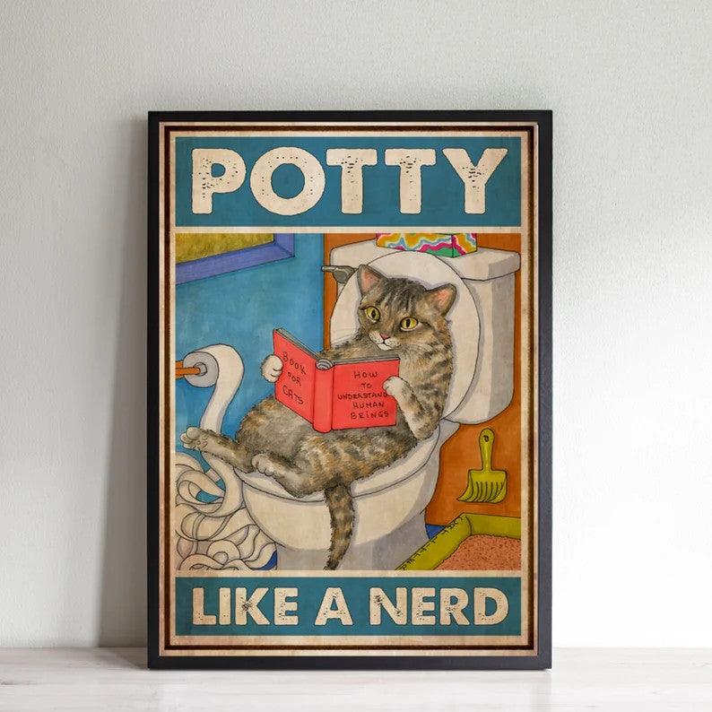 Cat Portrait Canvas - Cat Potty Like A Nerd, Cat Loves Books - Gift For Cat Lovers, Cat Owners, Book Lovers - Amzanimalsgift