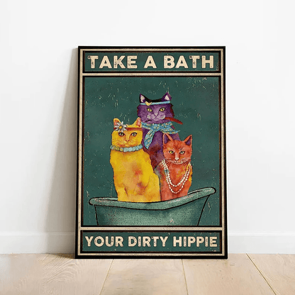 Cat Portrait Canvas - Cat Take A Bath Your Dirty Hippie - Gift For Cat Lovers, Cat Owners, Hippie Lovers - Amzanimalsgift