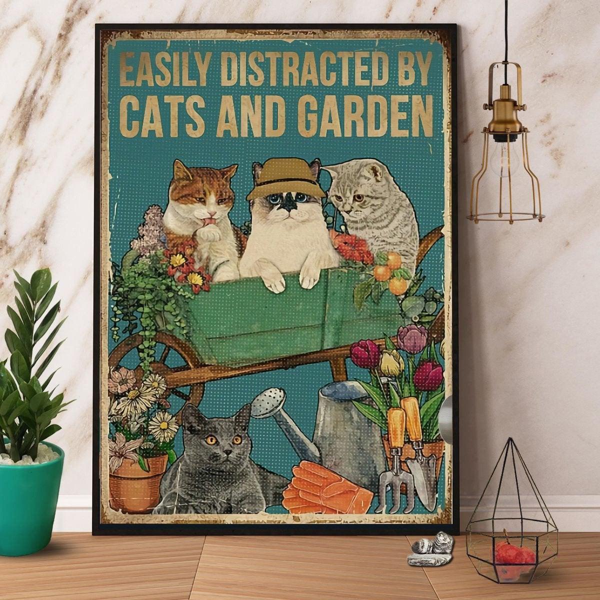 Cat Portrait Canvas - Cat Vintage Easily Distracted By Cats And Garden Canvas - Perfect Gift For Cat Lover, Friend, Family - Amzanimalsgift