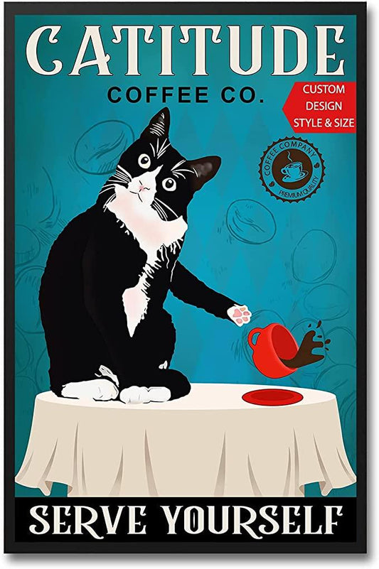 Cat Portrait Canvas - Catitude Coffee co Serve Yourself, Vintage Black Cat Canvas - Perfect Gift For Cat Lover, Friend, Family - Amzanimalsgift