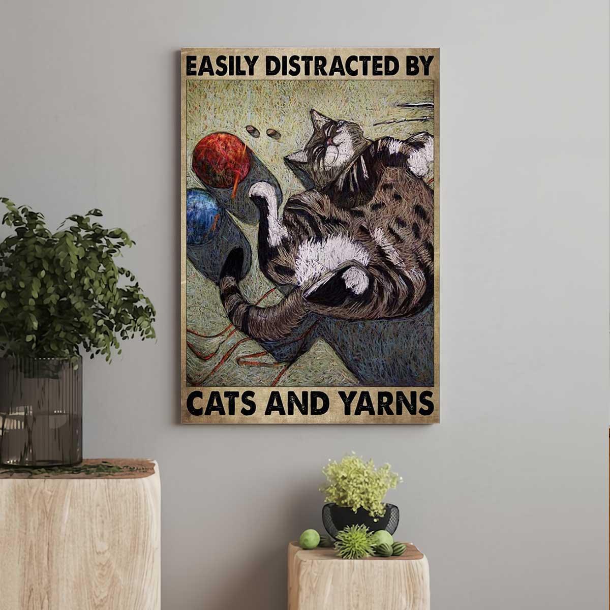Cat Portrait Canvas - Easily Distracted By Cats And Yarns, Funny Cat Premium Wrapped Canvas - Gift For Cat Lovers, Family, Friends - Amzanimalsgift