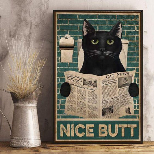 Cat Portrait Canvas - Nice Butt, Funny Cat & Newspaper Bathroom Canvas - Perfect Gift For Cat Lover, Friend, Family - Amzanimalsgift