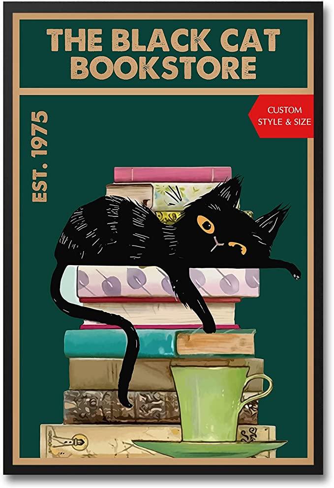 Cat Portrait Canvas - The Black Cat Bookstore Portrait Canvas - Gift For Cat Lovers, Cat Owner, Friends, Family - Amzanimalsgift