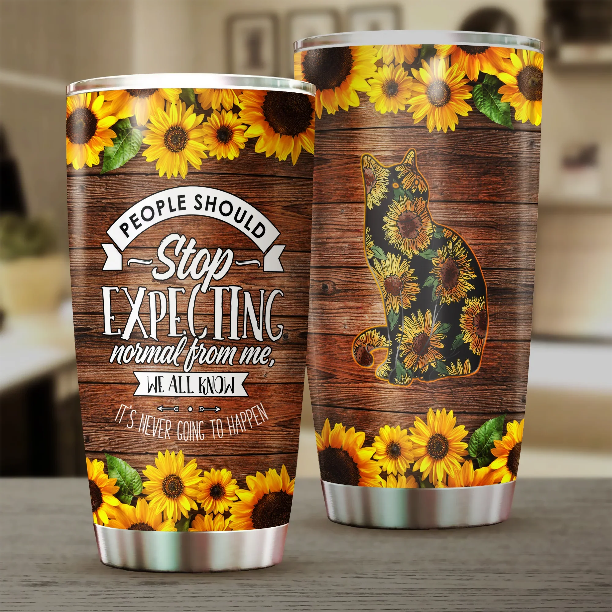 Cat Tumbler, Cat Sunflower, Gift for Cat Lovers, Cat Mom Dad, Mother's Day, Couples, Husband, Wife, Parents, Lovers, Stop Expecting - Amzanimalsgift