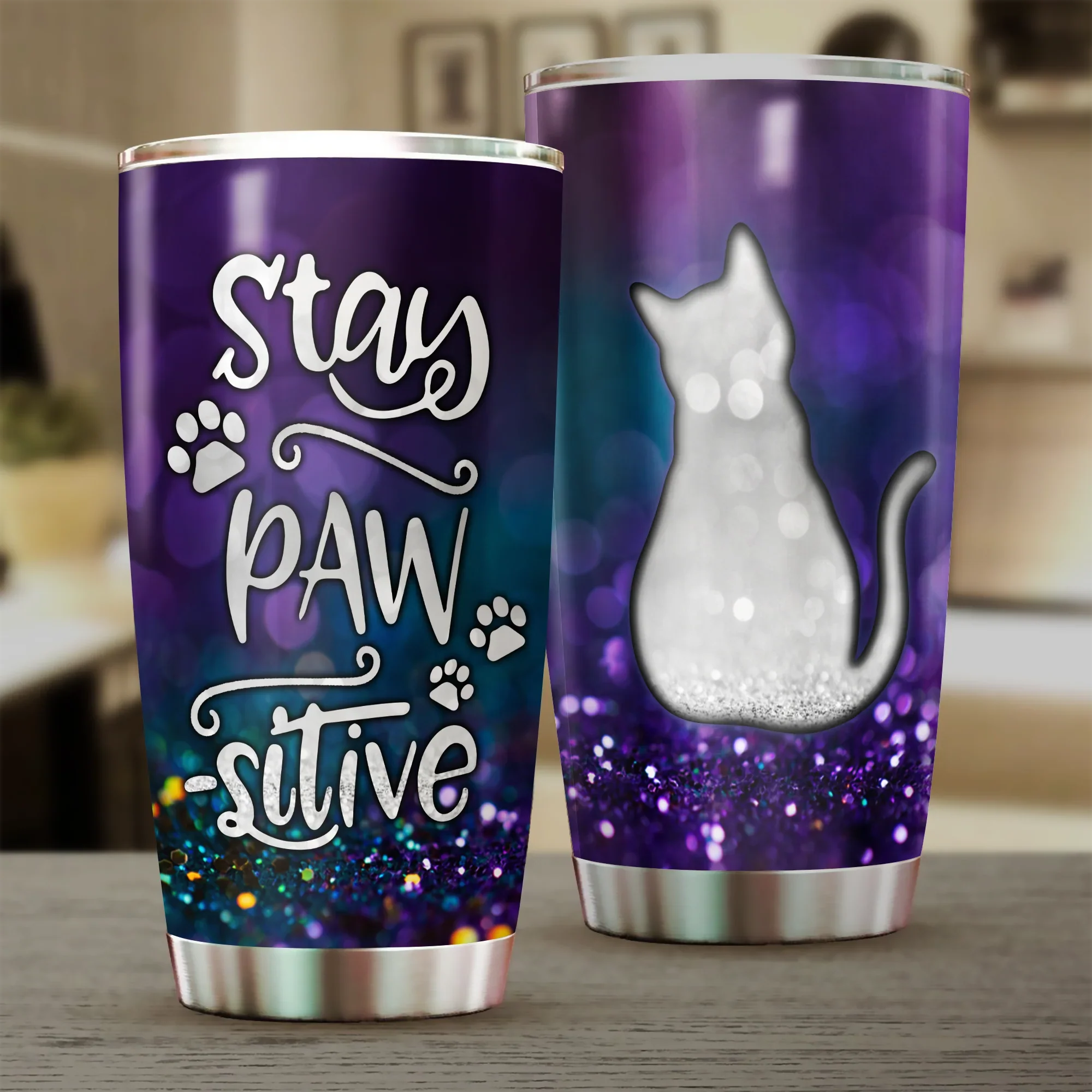 Cat Tumbler, Gift for Cat Lovers, Cat Mom Dad, Mother's Day, Couples, Husband, Wife, Stay Paw Sitive Purple Tumbler - Amzanimalsgift