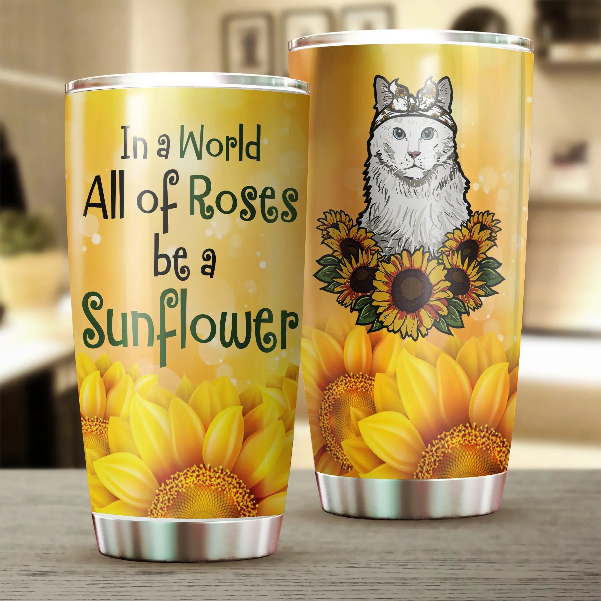 Cat Tumbler, Gift for Cat Lovers, Cat Mom Dad, Mother's Day, Couples, Wife, Parents, Lovers, In A World All Of Roses Be A Sunflower - Amzanimalsgift