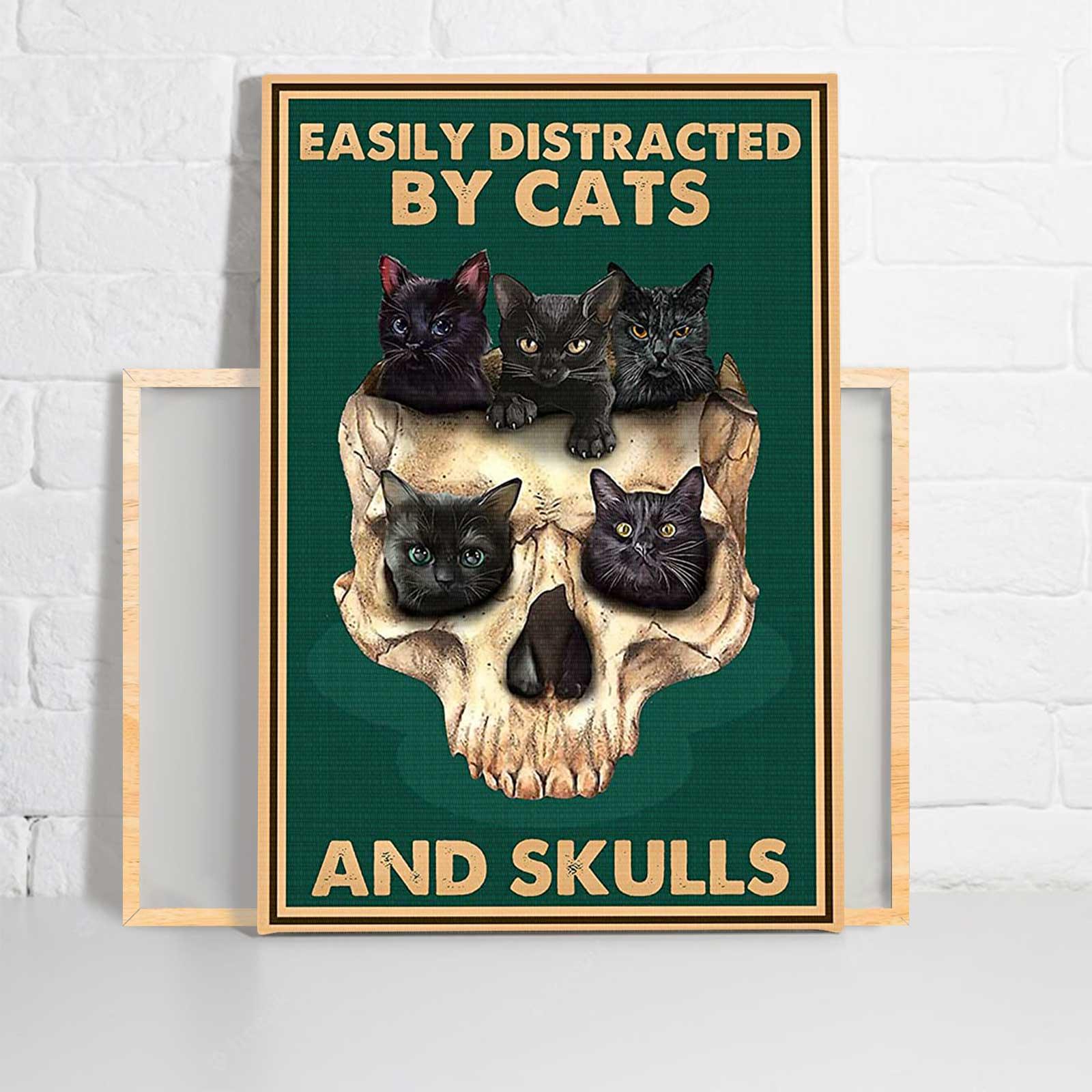 Cats And Skulls Portrait Canvas - Easily Distracted By Cats And Skulls, Black Cat Vintage Portrait Canvas - Gift For Family, Friends, Cat Lovers - Amzanimalsgift