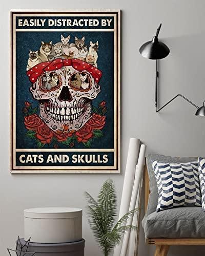 Cats And Skulls Portrait Canvas - Easily Distracted By Cats And Skulls, Rose Flowers Vintage Portrait Canvas - Gift For Family, Friends, Cat Lovers - Amzanimalsgift