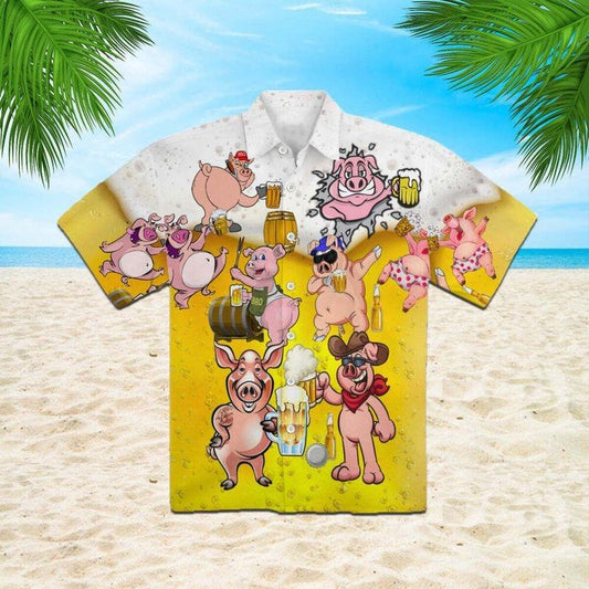 Cattle Aloha Hawaiian Shirt - Pig In Sunglasses Hugging Hawaiian Shirt, Pig Drinking Beer Hawaiian Shirt For Men & Women, Pig Lover - Amzanimalsgift