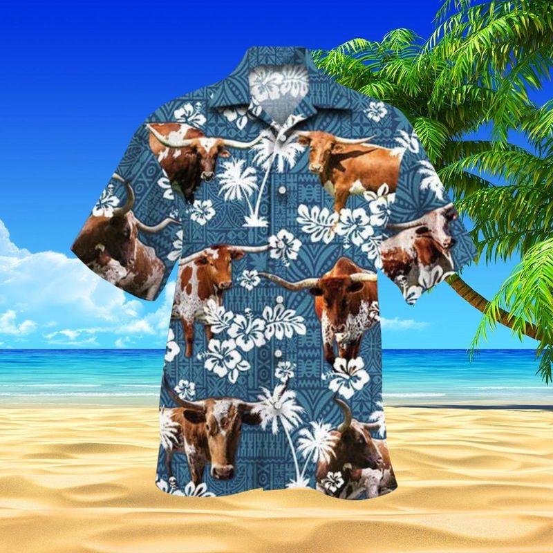 Cattle Aloha Hawaiian Shirt - Texas Longhorn Cattle Hawaiian Shirt, Blue Tribal Hawaiian Shirt For Men & Women, Cattle Lover, Fammer - Amzanimalsgift