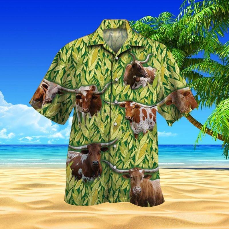 Cattle Aloha Hawaiian Shirt - Texas Longhorn Cattle Hawaiian Shirt, Corn Pattern Hawaiian Shirt For Men & Women, Cattle Lover, Fammer - Amzanimalsgift