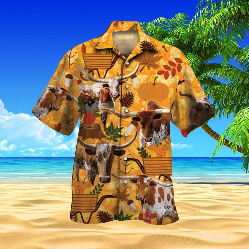 Cattle Aloha Hawaiian Shirt - Texas Longhorn Cattle Hawaiian Shirt, Orange Nature Autumn Hawaiian Shirt For Men & Women, Cattle Lover, Fammer - Amzanimalsgift