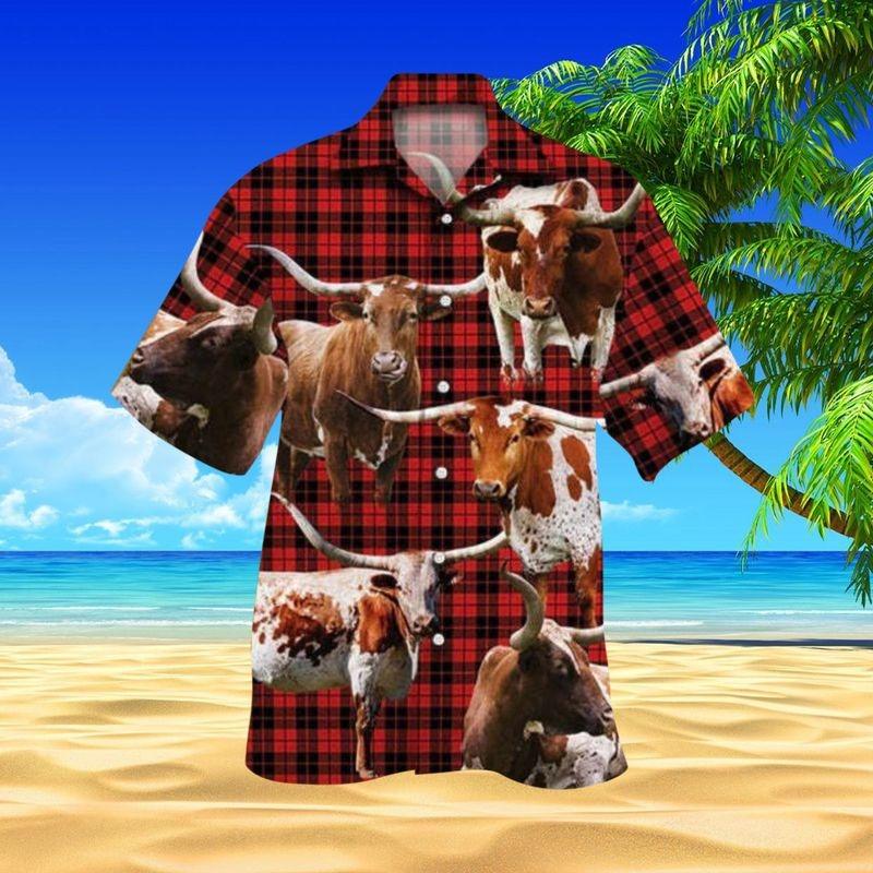 Cattle Aloha Hawaiian Shirt - Texas Longhorn Cattle Hawaiian Shirt, Red Plaid Hawaiian Shirt For Men & Women, Cattle Lover, Fammer - Amzanimalsgift