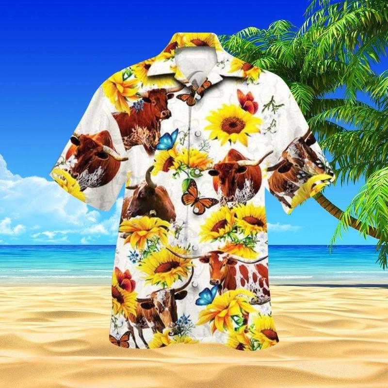 Cattle Aloha Hawaiian Shirt - Texas Longhorn Cattle Hawaiian Shirt, SunFlower & Butterfly Hawaiian Shirt For Men & Women, Cattle Lover, Fammer - Amzanimalsgift