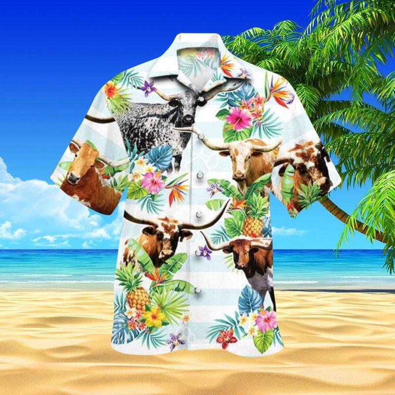 Cattle Aloha Hawaiian Shirt - Texas Longhorn Cattle Hawaiian Shirt, Tropical Flower Hawaiian Shirt For Men & Women, Cattle Lover, Fammer - Amzanimalsgift