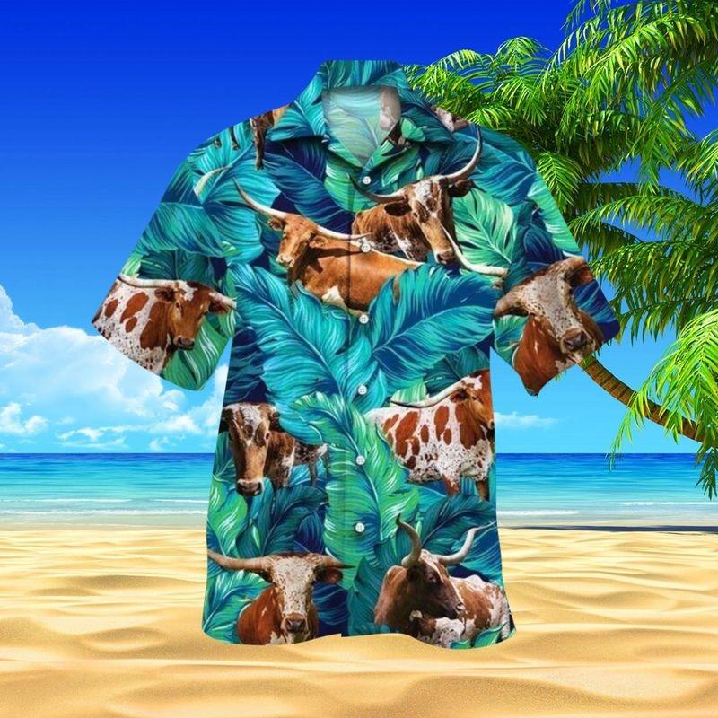 Cattle Aloha Hawaiian Shirt - Texas Longhorn Cattle Hawaiian Shirt, Tropical Leaves Hawaiian Shirt For Men & Women, Cattle Lover, Farmer - Amzanimalsgift