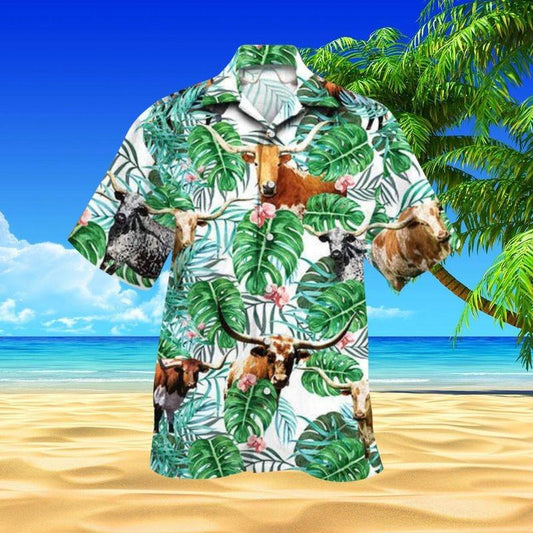 Cattle Aloha Hawaiian Shirt - Texas Longhorn Cattle Hawaiian Shirt, Tropical trees Hawaiian Shirt For Men & Women, Cattle Lover, Fammer - Amzanimalsgift