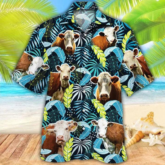 Cattle Hawaiian Shirt - Hereford Cattle Lovers Jungle Leaves Hawaiian Shirt - Perfect Gift For Friend, Family - Amzanimalsgift