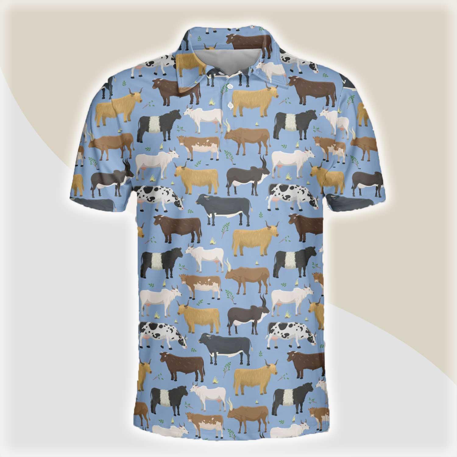 Cattle Men Polo Shirts - Cattle Pattern Button Shirts For Men - Perfect Gift For Cattle Lovers, Farm Lovers - Amzanimalsgift