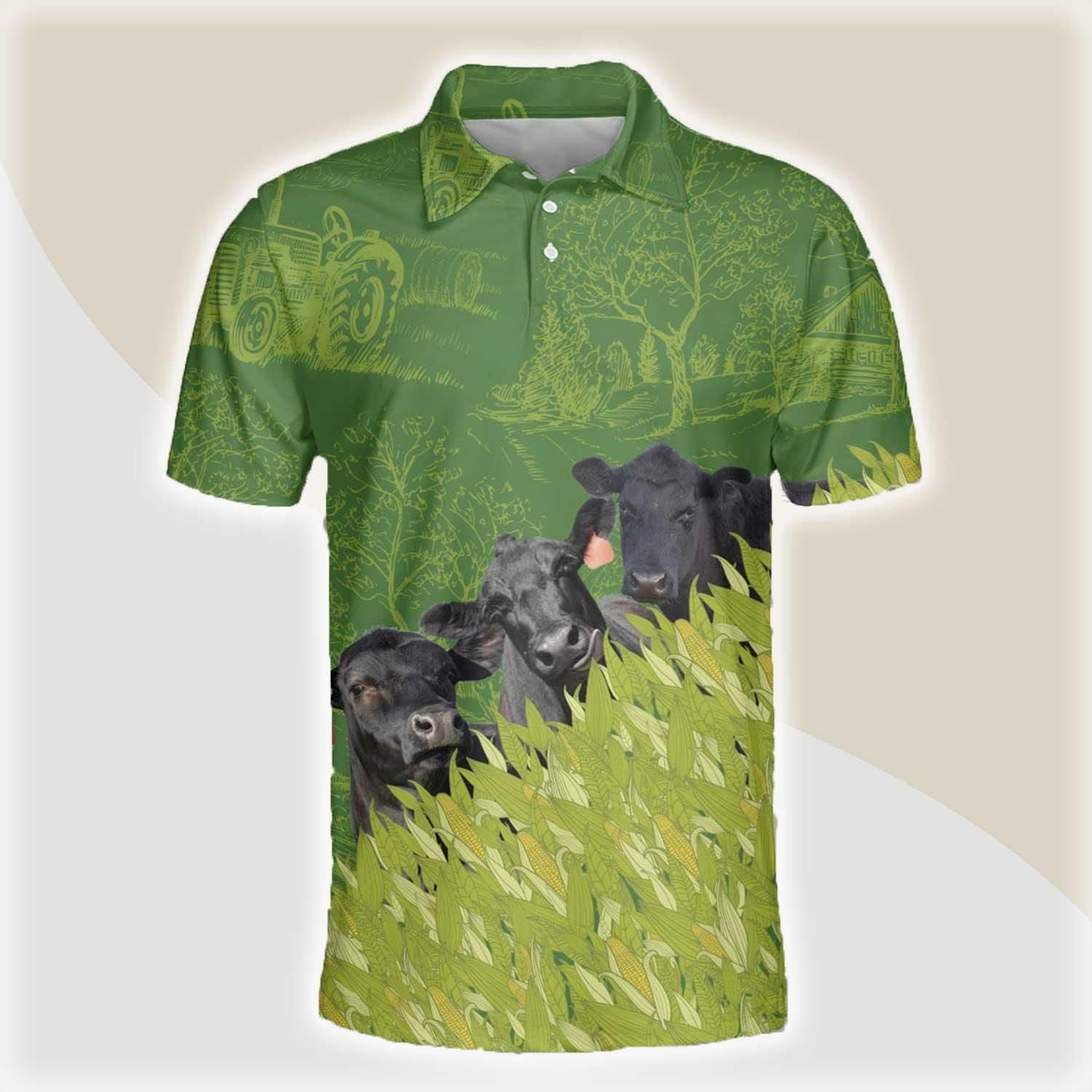 Black Angus Men Polo Shirts - Black Angus Corn Field Pattern Button Shirts For Men - Perfect Gift For Black Angus Lovers, Cattle Lovers