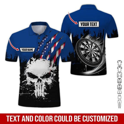 Customized Name & Text Darts Polo Shirt, Skull American Flag Personalized Name Darts Polo Shirt For Men - Perfect Gift For Darts Lovers, Darts Players
