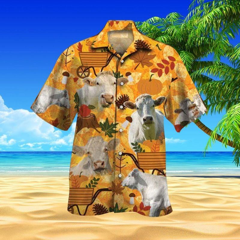 Charolais Cattle Aloha Hawaiian Shirt - Charolais Cattle & Cart Hawaiian Shirt, Autumn Leaves Hawaiian Shirt For Men & Women, Charolais Cattle Lover - Amzanimalsgift