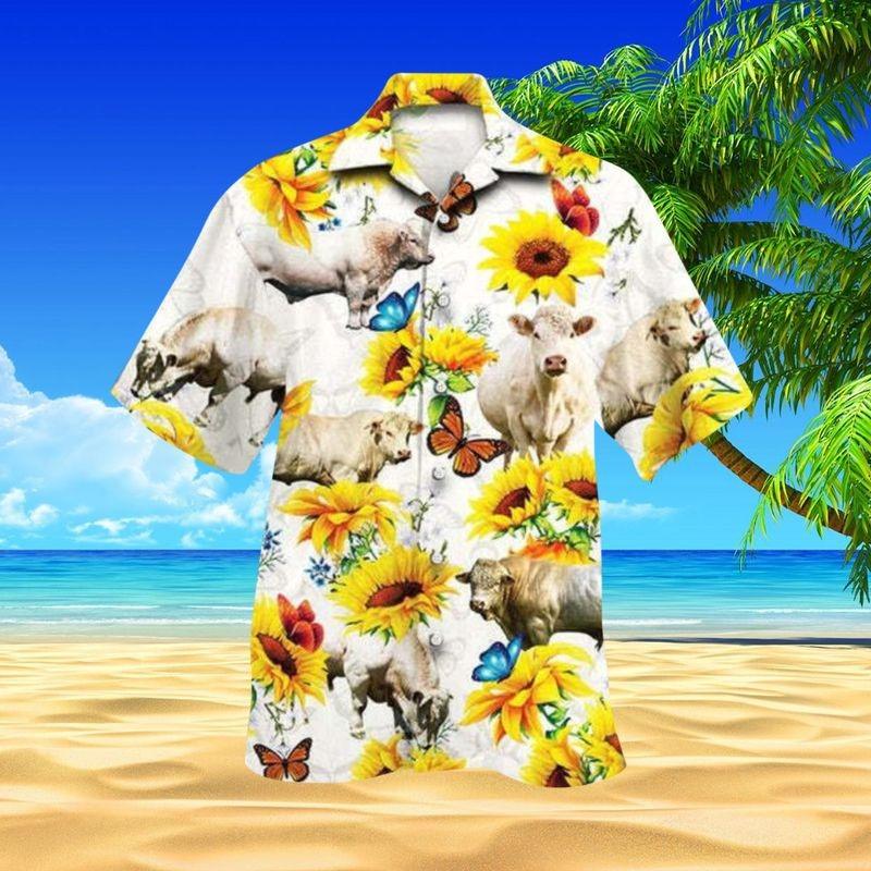 Charolais Cattle Aloha Hawaiian Shirt - Charolais Cattle & SunFlower Hawaiian Shirt, SunFlower & Butterfly Hawaiian Shirt For Men & Women, Charolais Cattle Lover - Amzanimalsgift