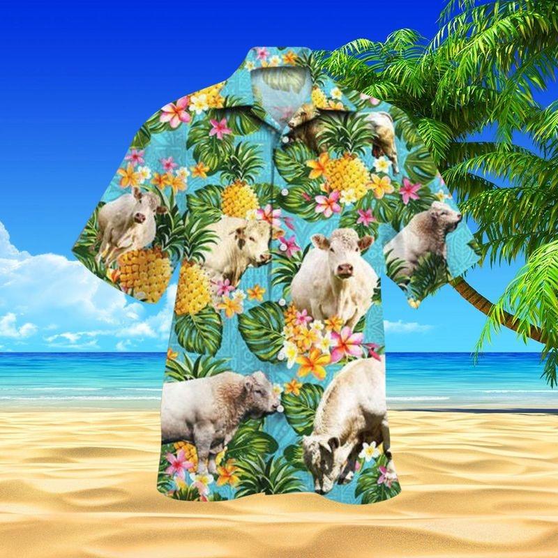 Charolais Cattle Aloha Hawaiian Shirt - Charolais Cattle & Tropical Leaves Hawaiian Shirt, Tropical Pineapple Hawaiian Shirt For Men & Women, Charolais Cattle Lover - Amzanimalsgift