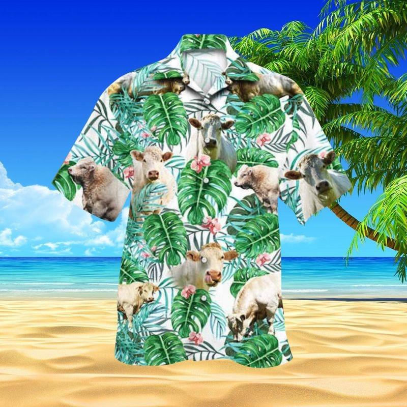 Charolais Cattle Aloha Hawaiian Shirt - Charolais Cattle In Beach Hawaiian Shirt, Tropical Leaves Hawaiian Shirt For Men & Women, Charolais Cattle Lover - Amzanimalsgift