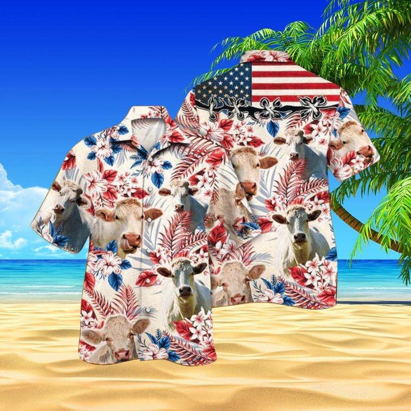 Charolais Cattle Aloha Hawaiian Shirt - Funny Charolais Cattle Hawaiian Shirt, American Flag Hawaiian Shirt For Men & Women, Charolais Cattle Lover - Amzanimalsgift