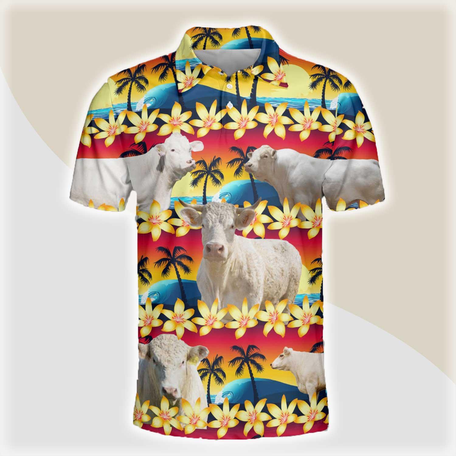 Charolais Men Polo Shirts For Summer - Charolais Beach Sunset Pattern Button Shirts For Men - Perfect Gift For Charolais Lovers, Cattle Lovers - Amzanimalsgift