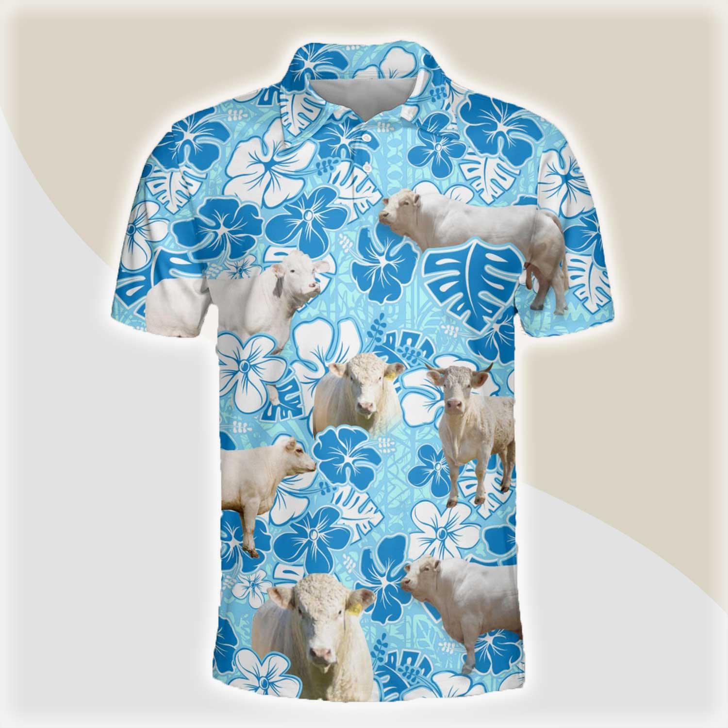 Charolais Men Polo Shirts For Summer - Charolais Blue Floral Button Shirts For Men - Perfect Gift For Charolais Lovers, Cattle Lovers - Amzanimalsgift