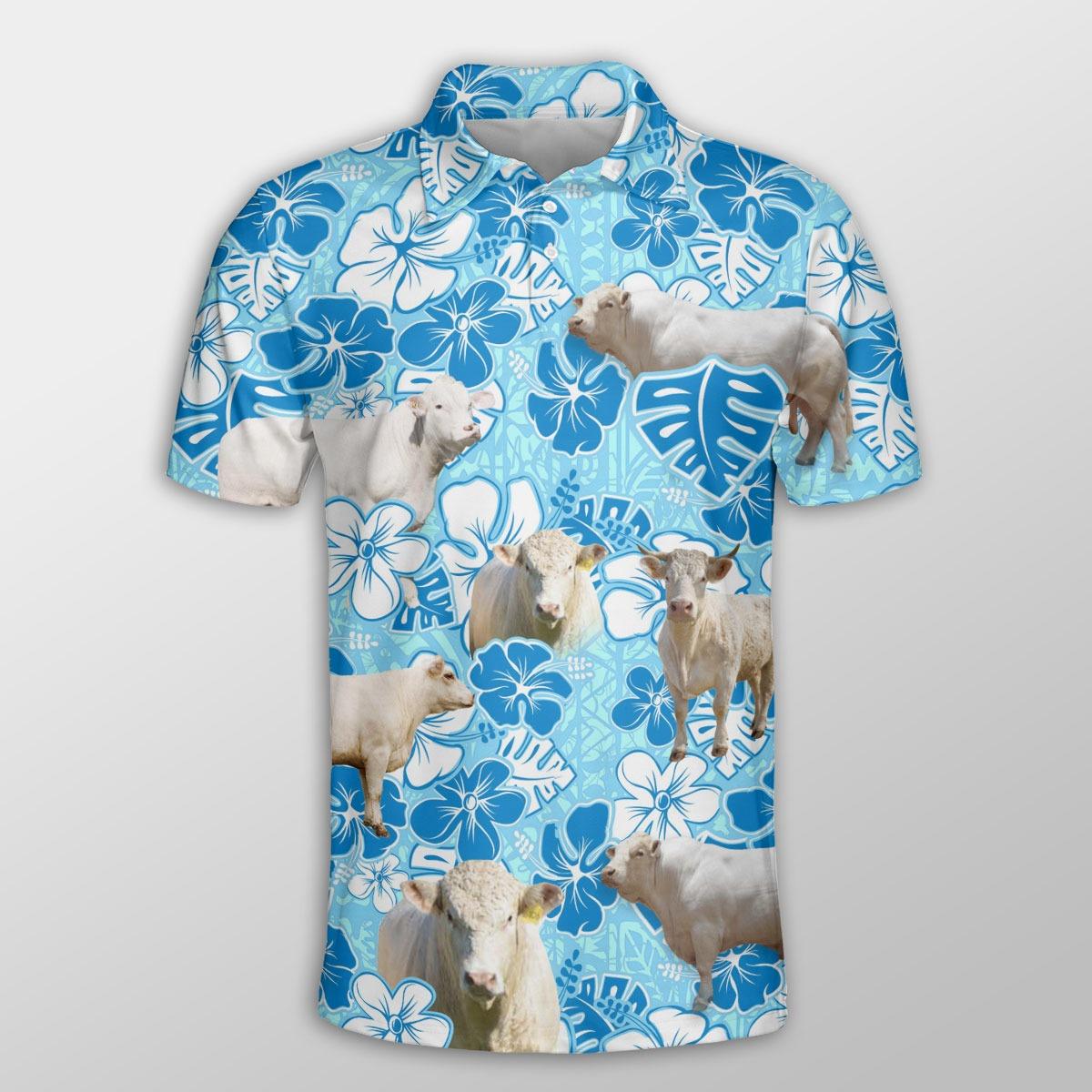 Charolais Men Polo Shirts For Summer - Charolais Blue Floral Button Shirts For Men - Perfect Gift For Charolais Lovers, Cattle Lovers - Amzanimalsgift