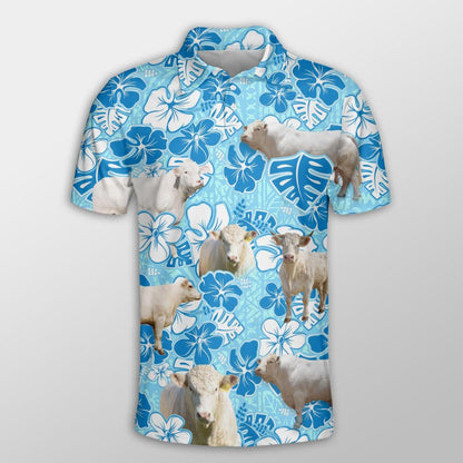 Charolais Men Polo Shirts For Summer - Charolais Blue Floral Button Shirts For Men - Perfect Gift For Charolais Lovers, Cattle Lovers - Amzanimalsgift