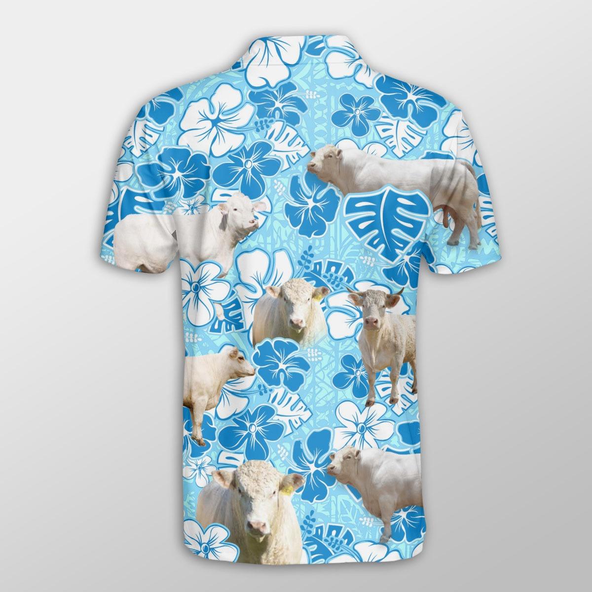 Charolais Men Polo Shirts For Summer - Charolais Blue Floral Button Shirts For Men - Perfect Gift For Charolais Lovers, Cattle Lovers - Amzanimalsgift