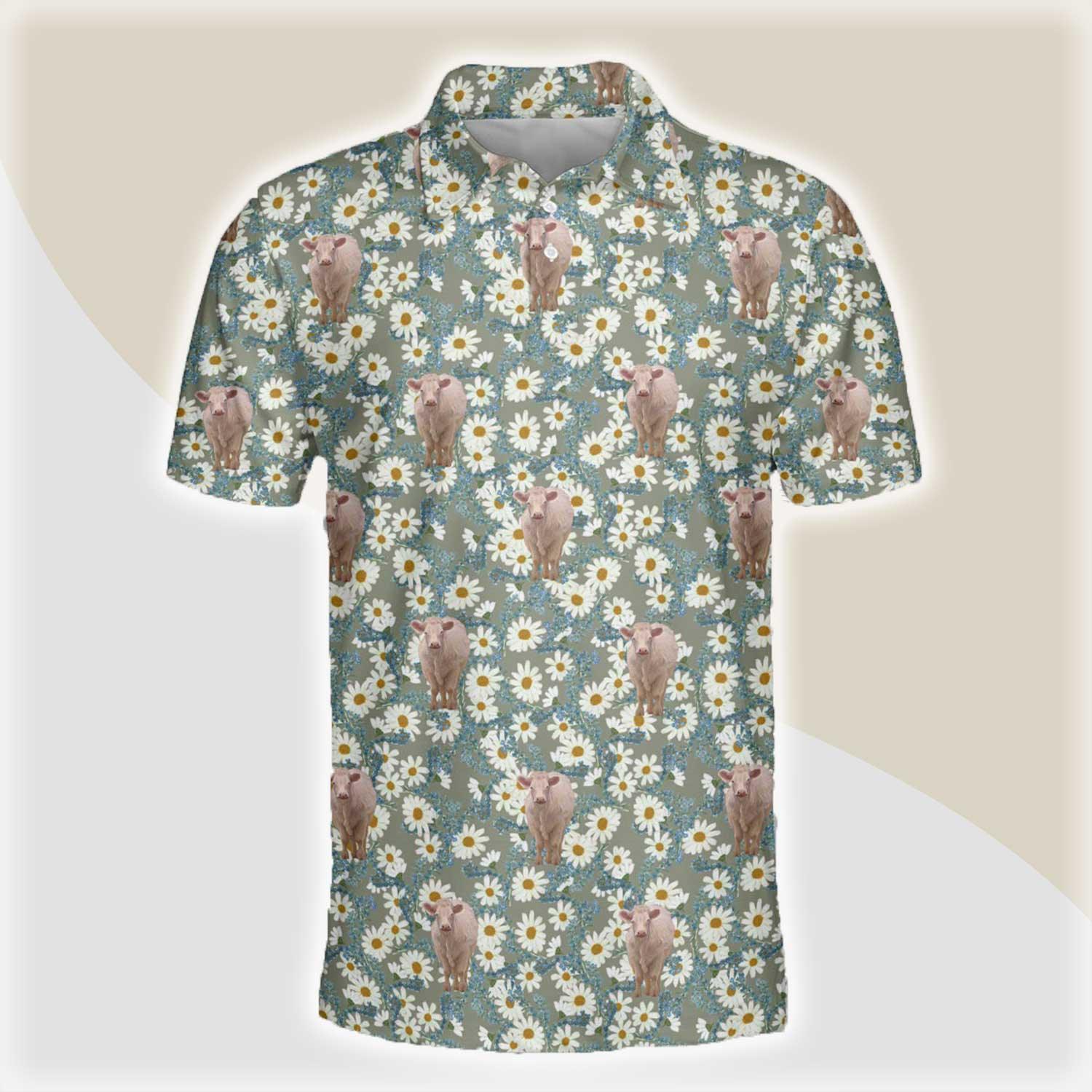 Charolais Men Polo Shirts For Summer - Charolais Camomilles Flower Grey Pattern Button Shirts For Men - Perfect Gift For Charolais Lovers, Cattle Lovers - Amzanimalsgift