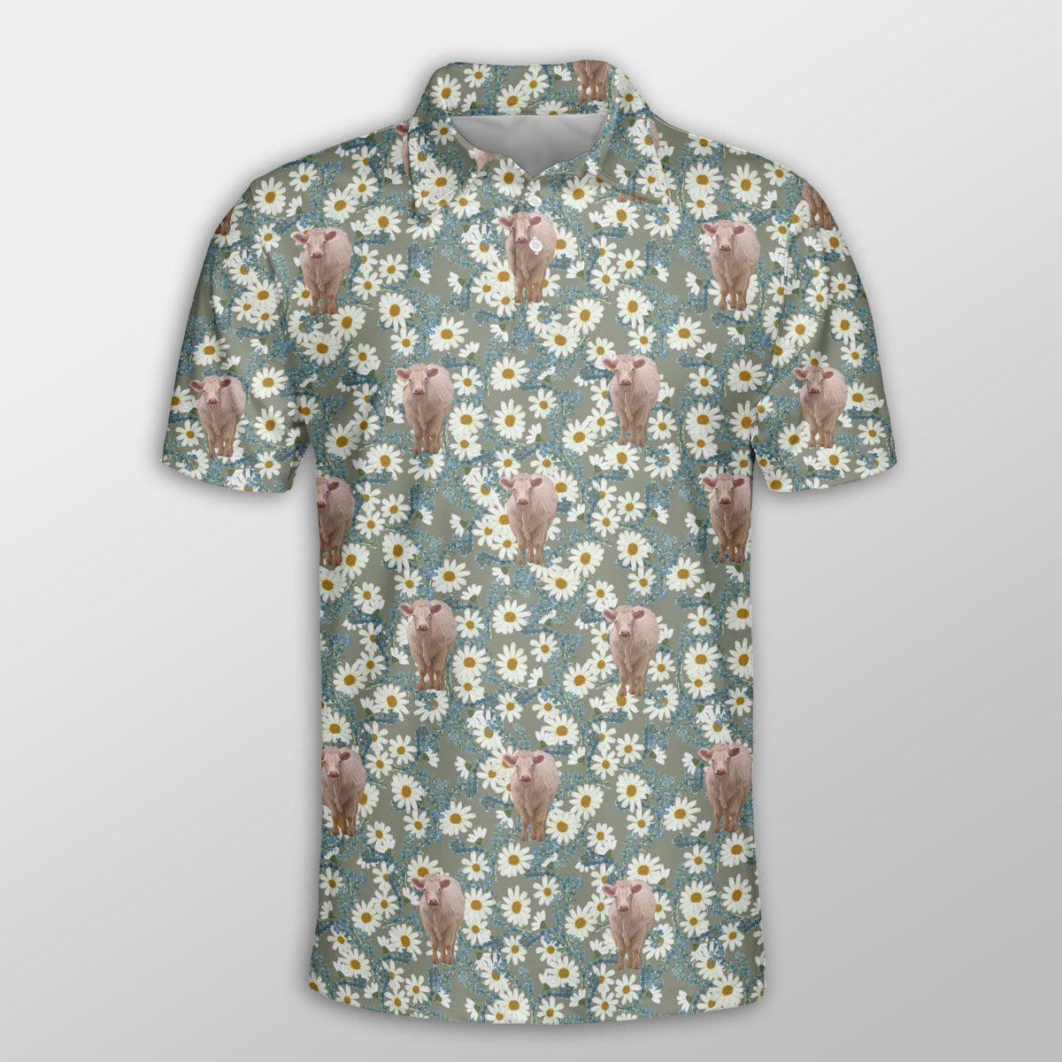 Charolais Men Polo Shirts For Summer - Charolais Camomilles Flower Grey Pattern Button Shirts For Men - Perfect Gift For Charolais Lovers, Cattle Lovers - Amzanimalsgift