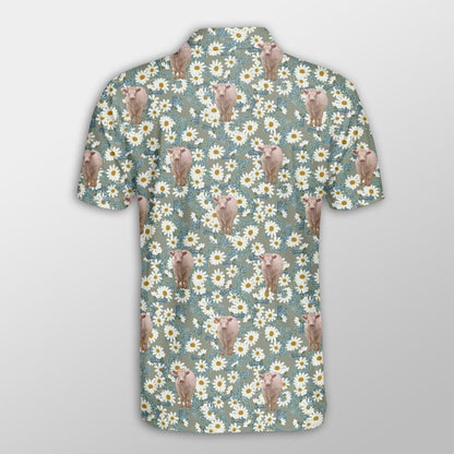 Charolais Men Polo Shirts For Summer - Charolais Camomilles Flower Grey Pattern Button Shirts For Men - Perfect Gift For Charolais Lovers, Cattle Lovers - Amzanimalsgift