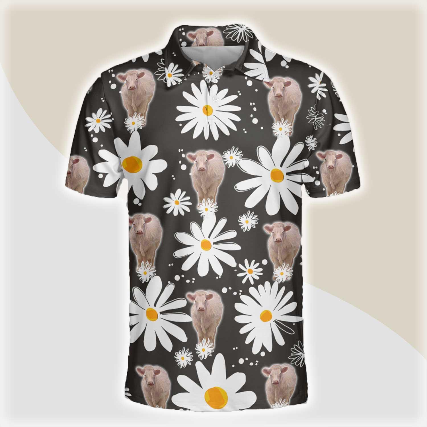 Charolais Men Polo Shirts For Summer - Charolais Daisy Flower Pattern Button Shirts For Men - Perfect Gift For Charolais Lovers, Cattle Lovers - Amzanimalsgift