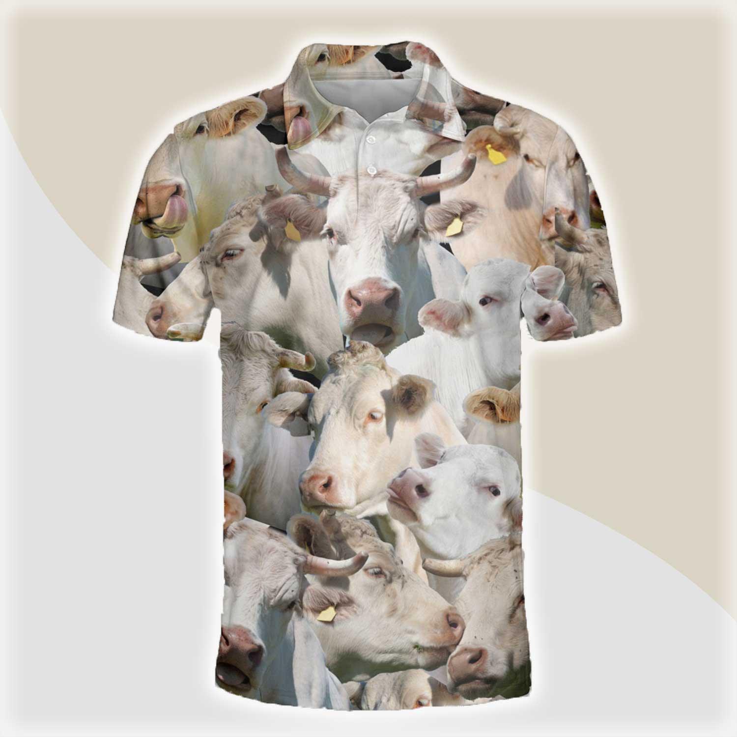 Charolais Men Polo Shirts For Summer - Charolais Herd Pattern Button Shirts For Men - Perfect Gift For Charolais Lovers, Cattle Lovers - Amzanimalsgift