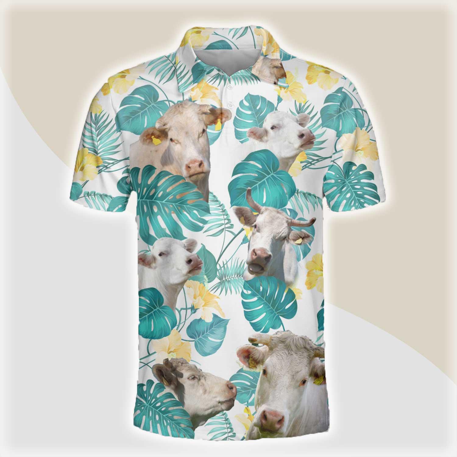 Charolais Men Polo Shirts For Summer - Charolais In Tropical Leaves Pattern Button Shirts For Men - Perfect Gift For Charolais Lovers, Cattle Lovers - Amzanimalsgift