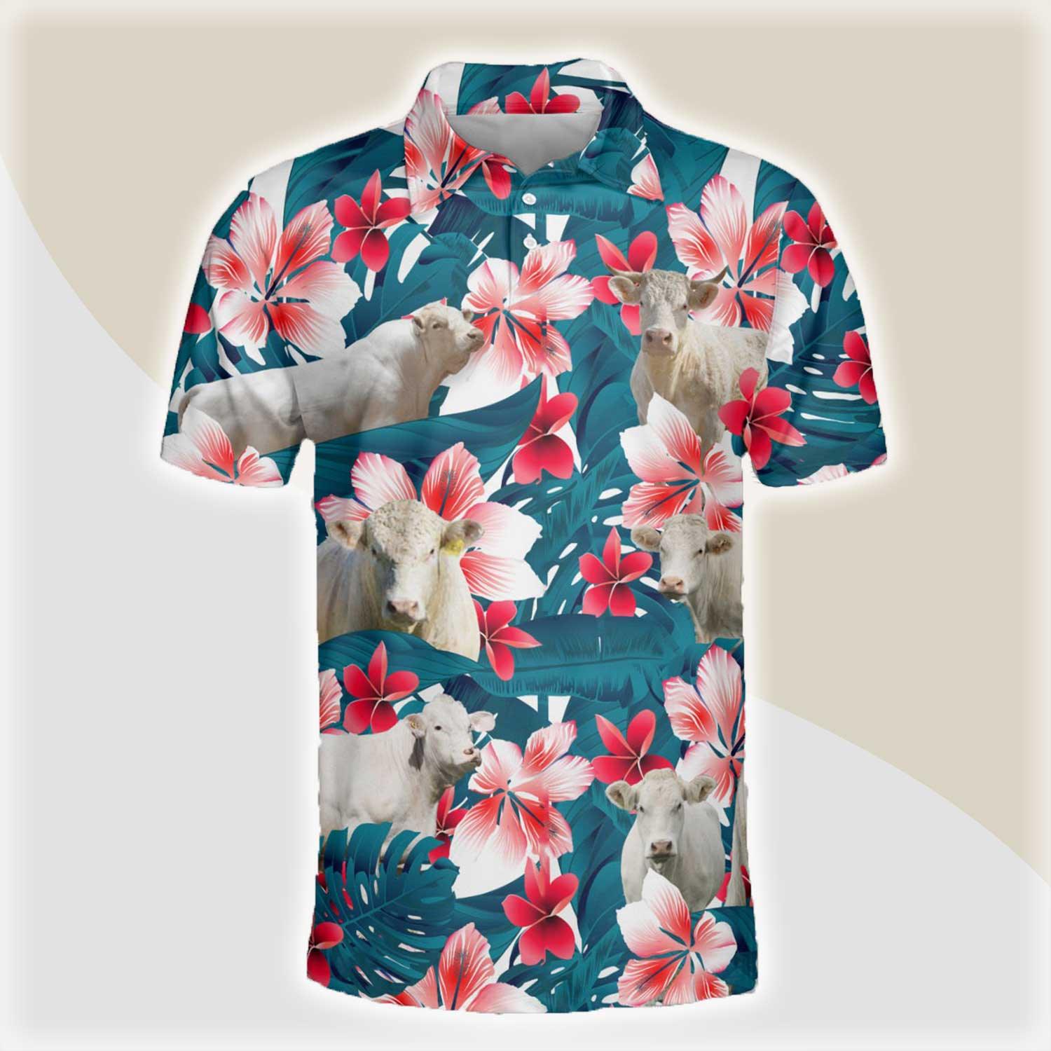 Charolais Men Polo Shirts For Summer - Charolais Tropical Floral Pattern Farm Lovers Button Shirts For Men - Perfect Gift For Charolais Lovers, Cattle Lovers - Amzanimalsgift