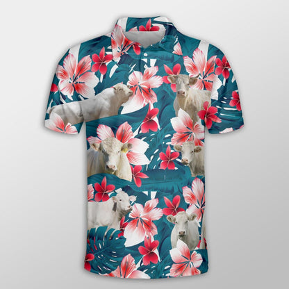 Charolais Men Polo Shirts For Summer - Charolais Tropical Floral Pattern Farm Lovers Button Shirts For Men - Perfect Gift For Charolais Lovers, Cattle Lovers - Amzanimalsgift