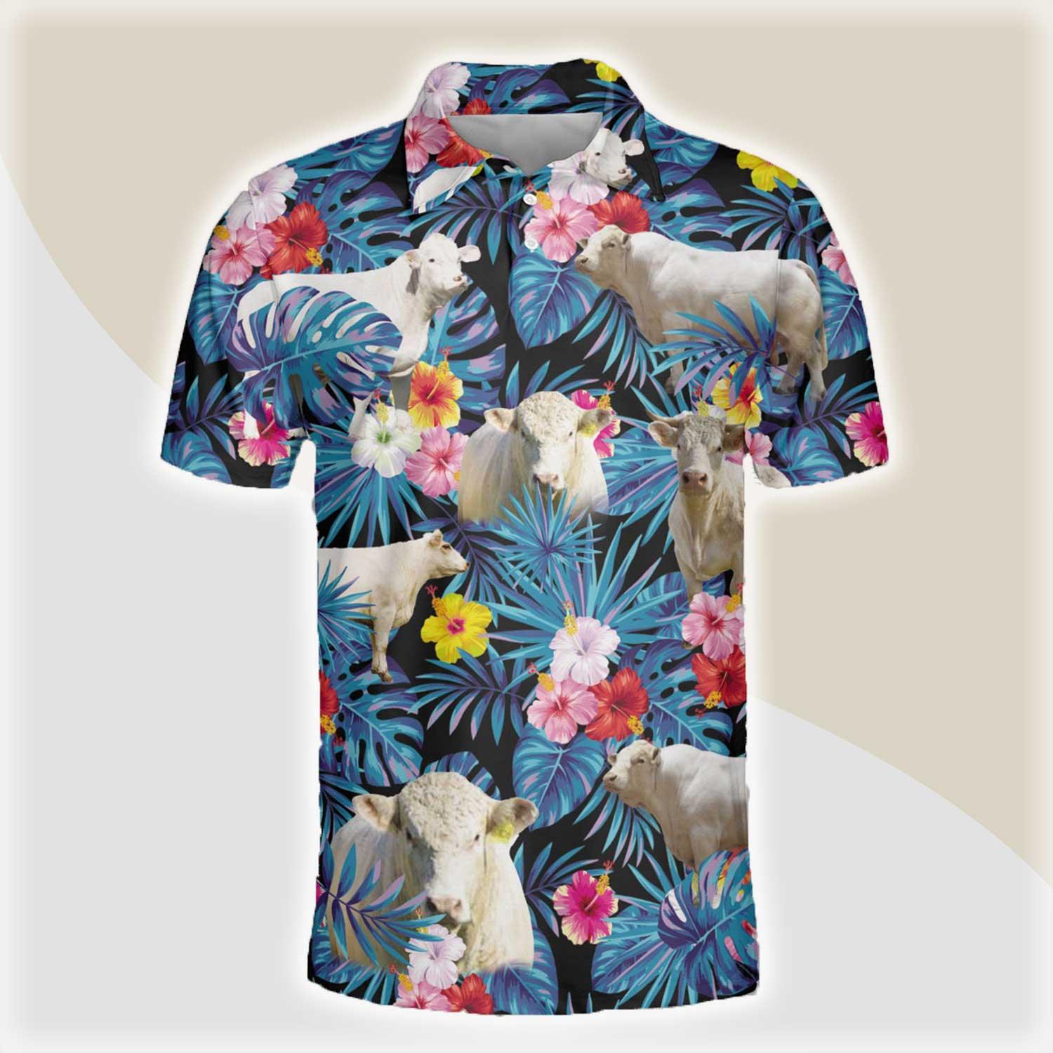 Charolais Men Polo Shirts For Summer - Charolais Tropical Flowers Leaves Pattern Button Shirts For Men - Perfect Gift For Charolais Lovers, Cattle Lovers - Amzanimalsgift