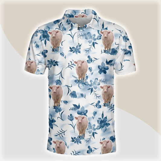 Charolais Men Polo Shirts For Summer - Charolais Watercolor Flowers And Leaves Tie Dye Pattern Shirt For Men - Perfect Gift For Charolais Lovers - Amzanimalsgift