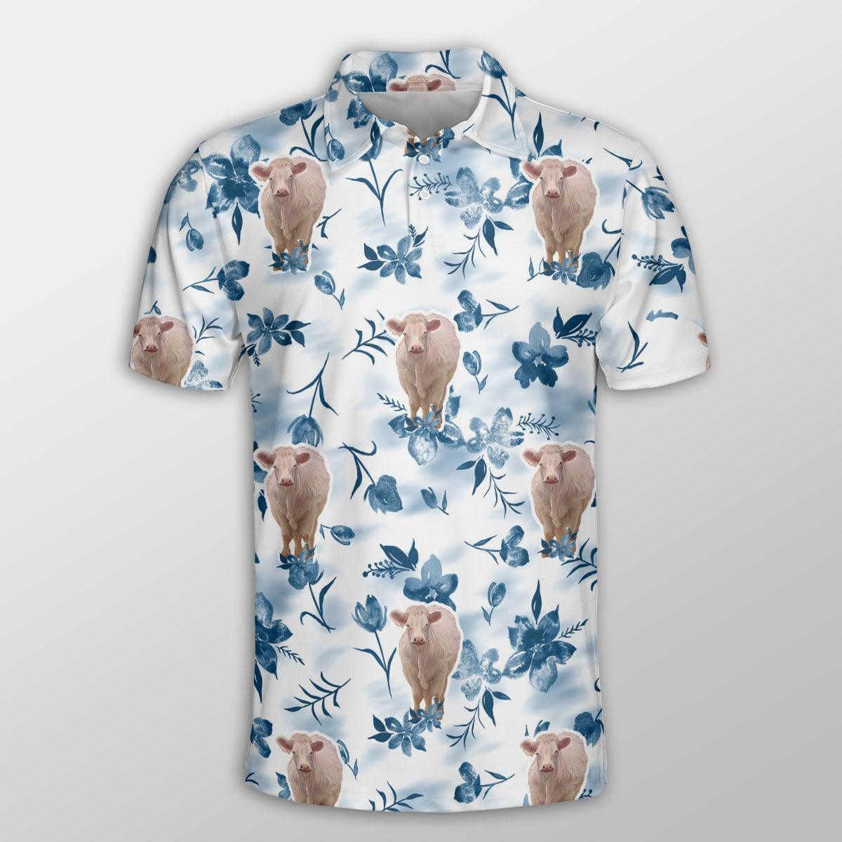 Charolais Men Polo Shirts For Summer - Charolais Watercolor Flowers And Leaves Tie Dye Pattern Shirt For Men - Perfect Gift For Charolais Lovers - Amzanimalsgift