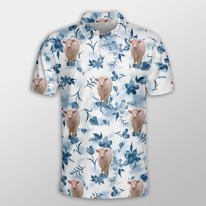 Charolais Men Polo Shirts For Summer - Charolais Watercolor Flowers And Leaves Tie Dye Pattern Shirt For Men - Perfect Gift For Charolais Lovers - Amzanimalsgift