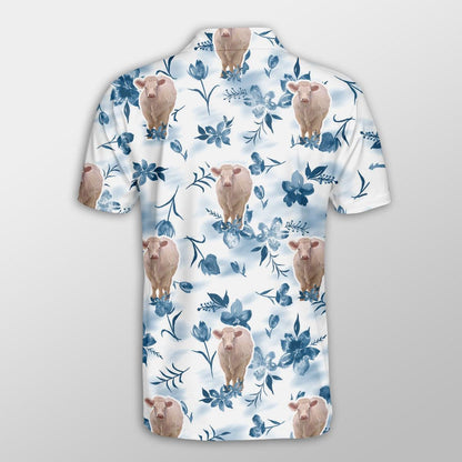 Charolais Men Polo Shirts For Summer - Charolais Watercolor Flowers And Leaves Tie Dye Pattern Shirt For Men - Perfect Gift For Charolais Lovers - Amzanimalsgift