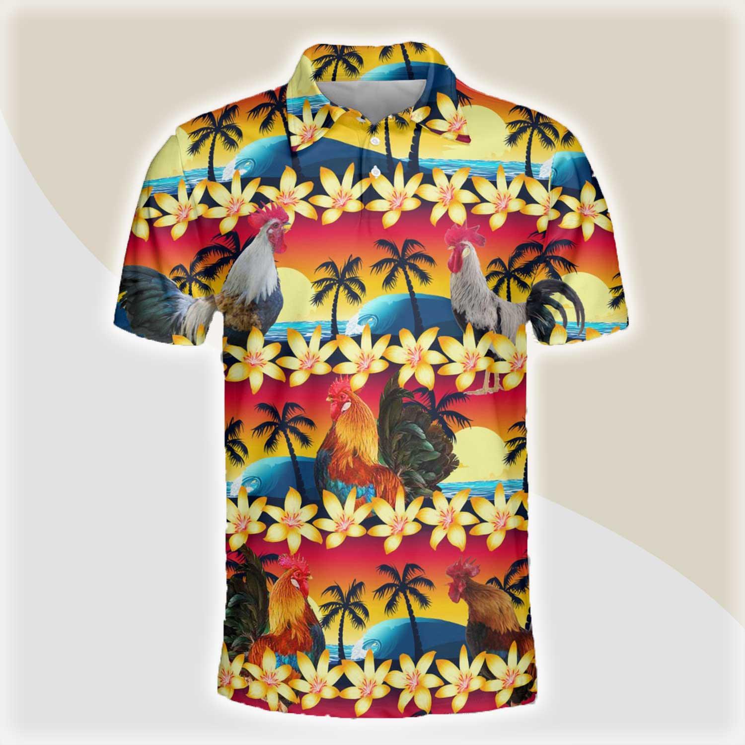 Chicken Men Polo Shirts - Chicken Beach Sunset Pattern Button Shirts For Men - Perfect Gift For Chicken Lovers, Animal Lovers - Amzanimalsgift