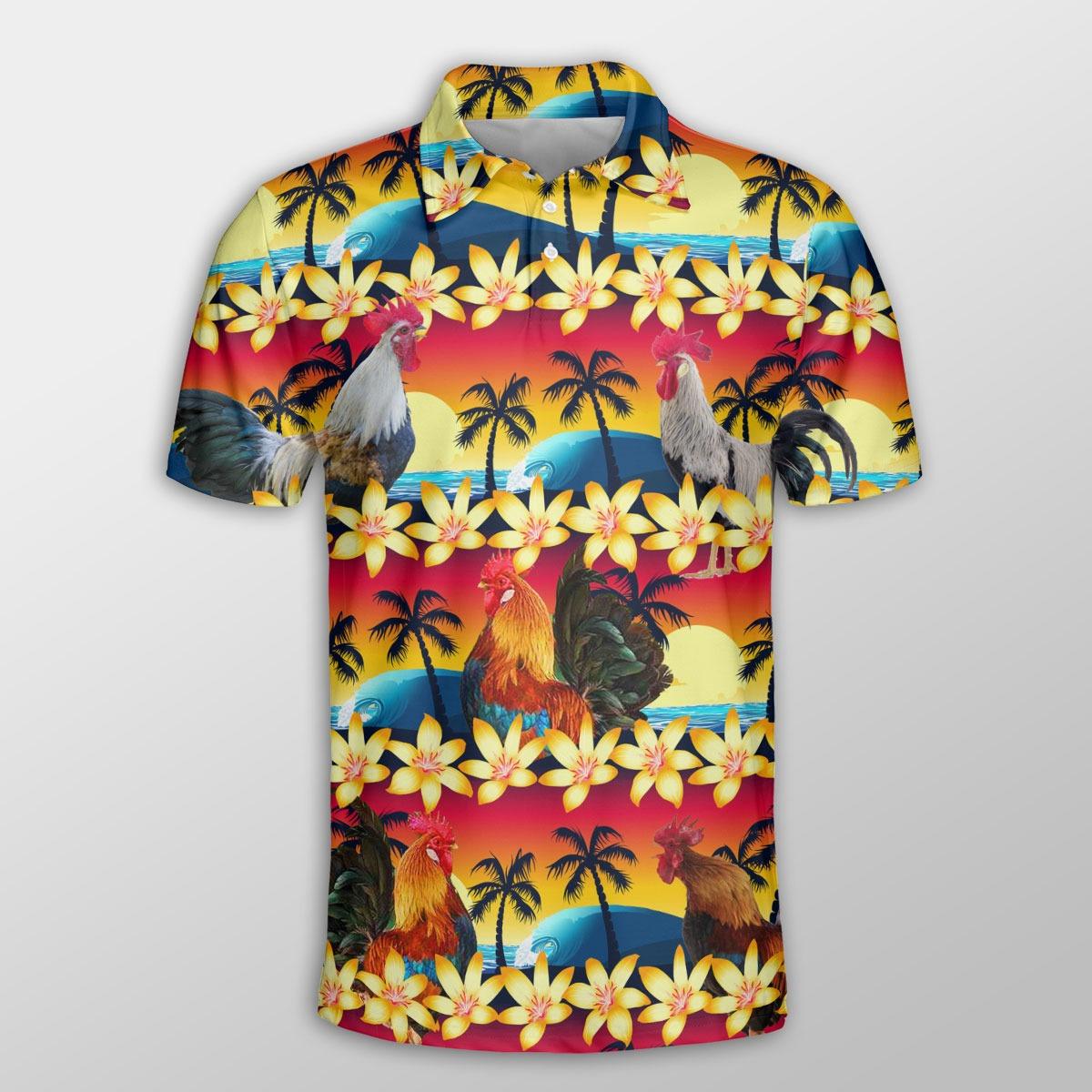 Chicken Men Polo Shirts - Chicken Beach Sunset Pattern Button Shirts For Men - Perfect Gift For Chicken Lovers, Animal Lovers - Amzanimalsgift